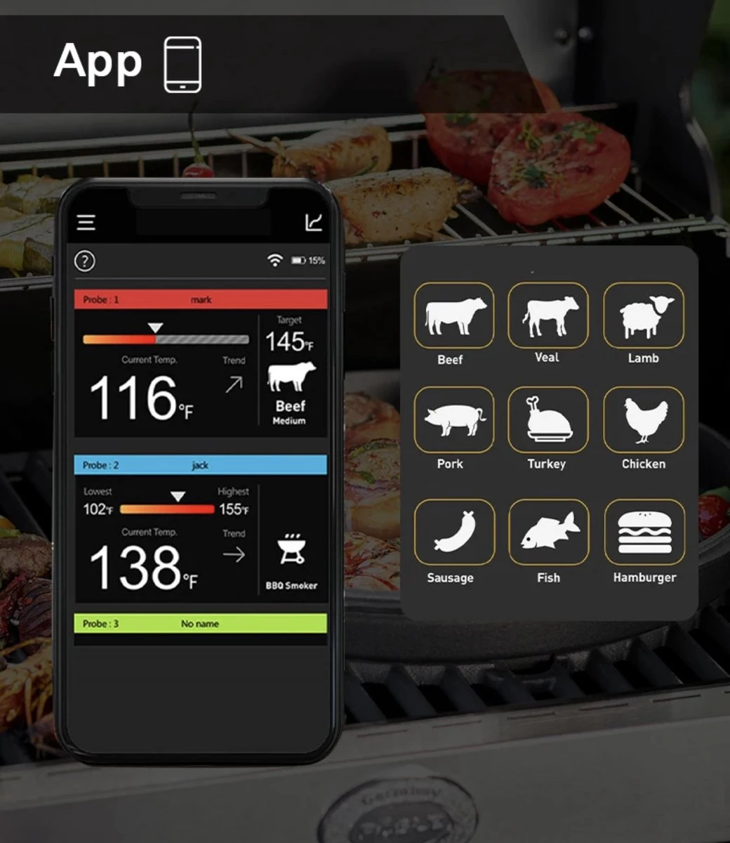 BBQ PRO - Vleesthermometer Draadloos - 2-in-1 Oventhermometer - BBQ Thermometer - App & Bluetooth - Thermometer Koken - Meater - RVS & Fast Charger - 30 Meter - Valentijn - Vaderdag - Moederdag - Grillmeister 2 BBQ PRO - Vleesthermometer Draadloos - 2-in-1 Oventhermometer - BBQ Thermometer - App & Bluetooth - Thermometer Koken - Meater - RVS & Fast Charger - 30 Meter - Valentijn - Vaderdag - Moederdag - Grillmeister - Afbeelding 2