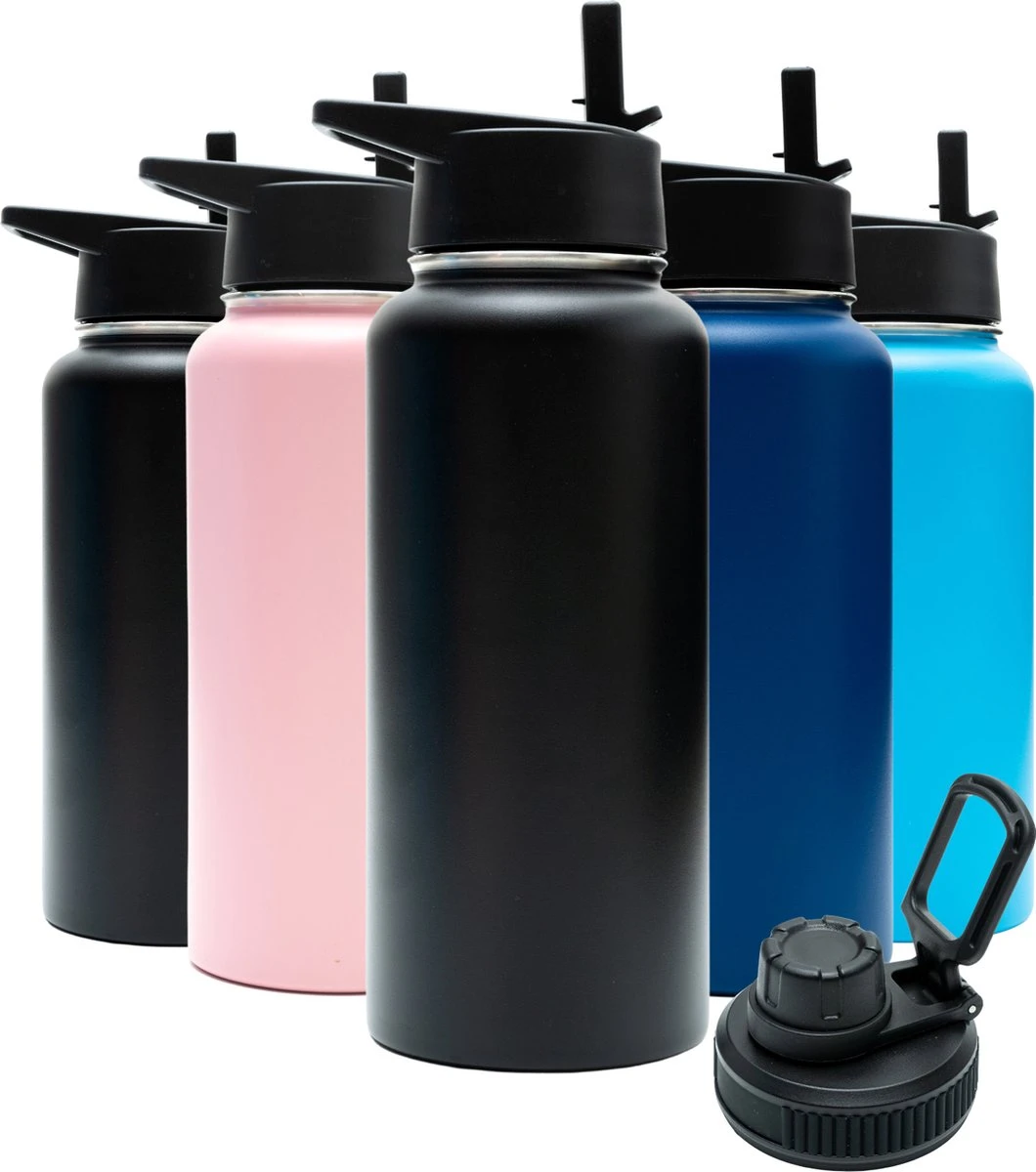 Thermosfles - Onyx Black - 1 Liter - Extra Dop Met Rietje & Drinktuit - Thermosflessen - Isoleerfles - BPA Vrij - Lekvrij - Thermoskan - Isoleerbeker - Thermosbeker 1 Thermosfles - Onyx Black - 1 Liter - Extra Dop Met Rietje & Drinktuit - Thermosflessen - Isoleerfles - BPA Vrij - Lekvrij - Thermoskan - Isoleerbeker - Thermosbeker