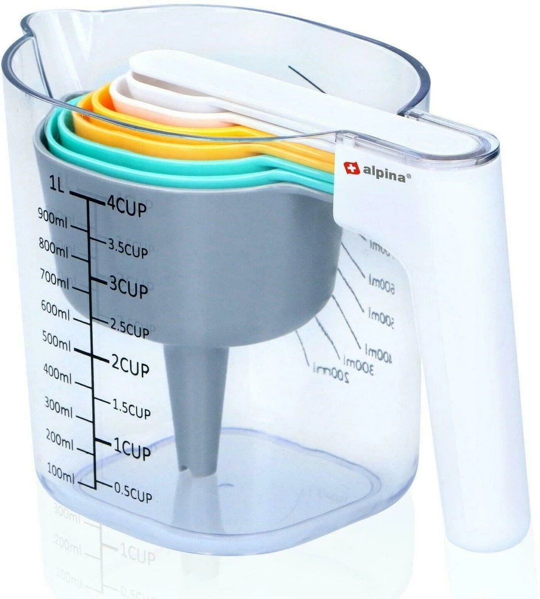Alpina Maatbeker Set 9-delig Tot 1 Liter (Inclusief Trechter En Roerstaaf) - Measuring Cups & Spoons - Stapelbaar - Modern Design 3 Alpina Maatbeker Set 9-delig Tot 1 Liter (Inclusief Trechter En Roerstaaf) - Measuring Cups & Spoons - Stapelbaar - Modern Design - Afbeelding 3