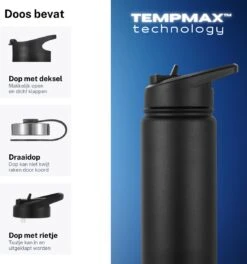 Thermo Master - Thermosfles & Drinkfles - Waterfles - 0,5 Liter - Midnight Black - 3 Doppen -Drinkwater Apparaat Winkel 1124x1200 3