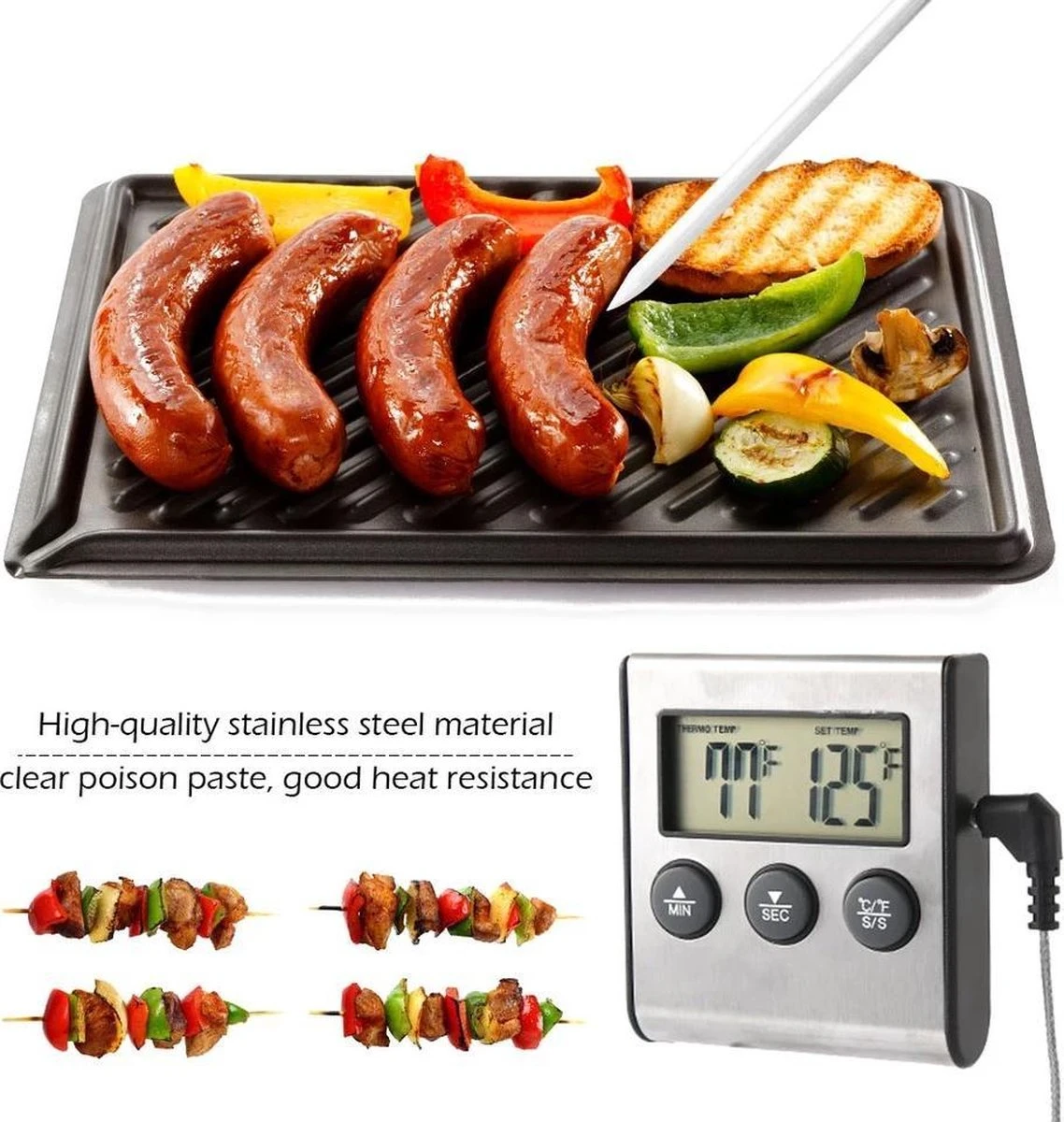 2-in-1 Magnetische Digitale Kern Thermometer Met Keuken Timer Alarm -0-250 Graden Celcius - Magnetische Vloeistof/Vlees Temperatuurmeter Met Meetsonde Draad & Kook Timer 5 2-in-1 Magnetische Digitale Kern Thermometer Met Keuken Timer Alarm -0-250 Graden Celcius - Magnetische Vloeistof/Vlees Temperatuurmeter Met Meetsonde Draad & Kook Timer - Afbeelding 5