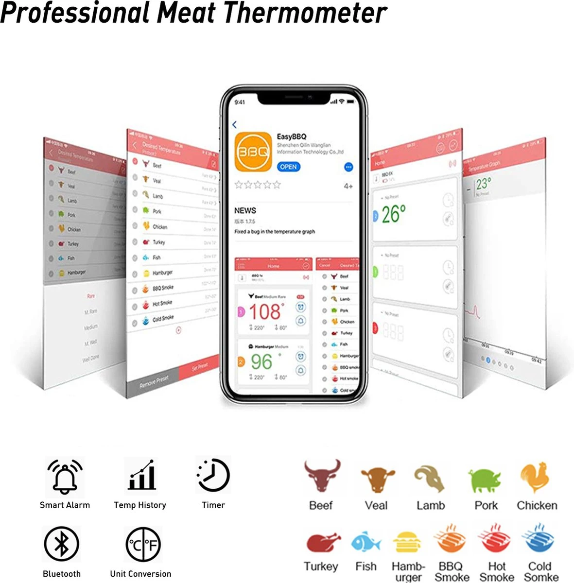 AidMax Vleesthermometer Met Optie Tot 6 Sondes – Bluetooth Met App – Digitale Kernthermomter – Thermometer Geschikt Voor BBQ, Oven & Grill – Incl. Batterijen - Geleverd Met 2 Sondes 3 AidMax Vleesthermometer Met Optie Tot 6 Sondes – Bluetooth Met App – Digitale Kernthermomter – Thermometer Geschikt Voor BBQ, Oven & Grill – Incl. Batterijen - Geleverd Met 2 Sondes - Afbeelding 3