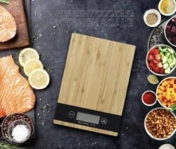 Merkloos Keukenweegschaal - Digitale Precisie - Bamboe Hout - Tare Functie - Keukenweegschaal - Digitaal- Duurzaam Bamboe - Tot 5KG - Keukenweegschaal Bamboe - Digitale Precisie Weegschaal - TipTouch Toetsen - Tot 5000 Gram - Bruin