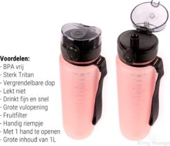 Drinkfles - 1 Liter - Sport Bidon Drinkbus 1000ml - Lichtroze - King Mungo KMDF044 -Drinkwater Apparaat Winkel 1200x1031 2