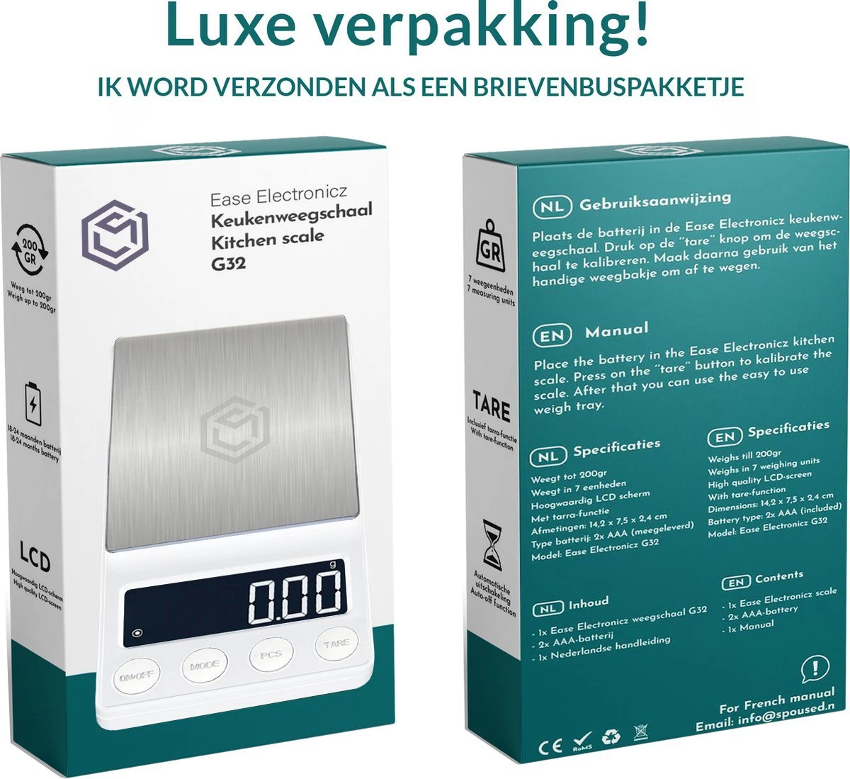 Ease Electronicz Digitale Mini Precisie Keukenweegschaal Wit - 0,01 Tot 200 Gram - 14.2 X 7.5 Cm - Pocket Scale Op Batterij - Weegschaal Keuken 8 Ease Electronicz Digitale Mini Precisie Keukenweegschaal Wit - 0,01 Tot 200 Gram - 14.2 X 7.5 Cm - Pocket Scale Op Batterij - Weegschaal Keuken - Afbeelding 8