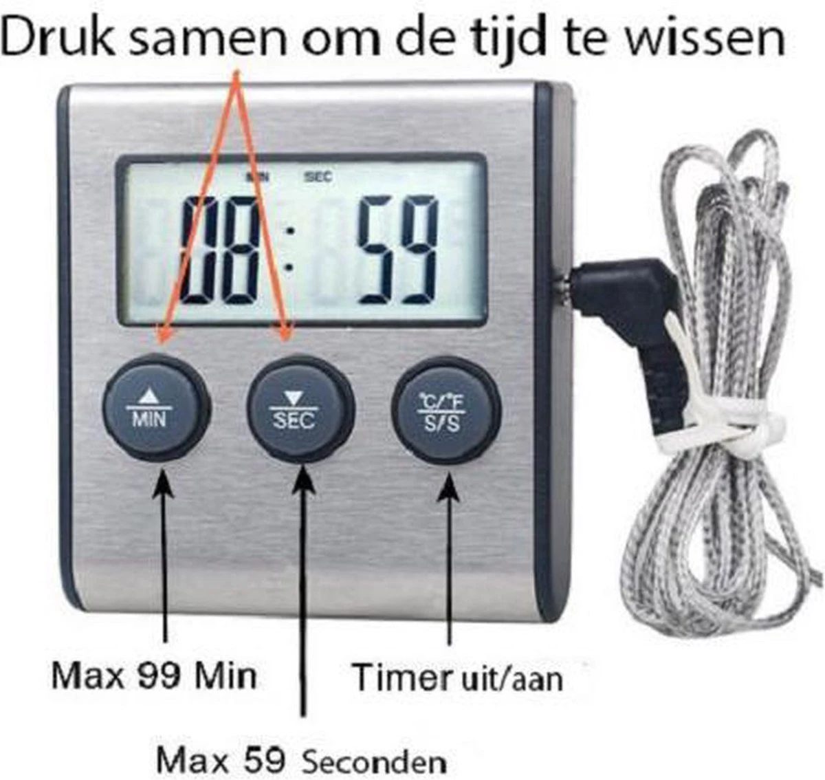 *** Digitale Keukenthermometer - Vleesthermometer- Braad Thermometer/timer - Met Timer Functie -20 °C Tot 250 °C- Incl. Timer, Warmte Alarm - Van Heble® *** 5 *** Digitale Keukenthermometer - Vleesthermometer- Braad Thermometer/timer - Met Timer Functie -20 °C Tot 250 °C- Incl. Timer, Warmte Alarm - Van Heble® *** - Afbeelding 5