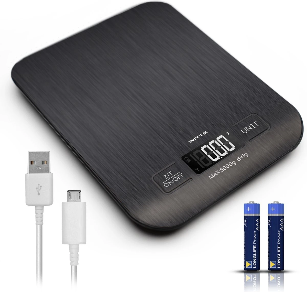 WITTS Oplaadbare Digitale Keukenweegschaal - Tarrafunctie - 1g Tot 5kg - RVS - Zwart 1 WITTS Oplaadbare Digitale Keukenweegschaal - Tarrafunctie - 1g Tot 5kg - RVS - Zwart