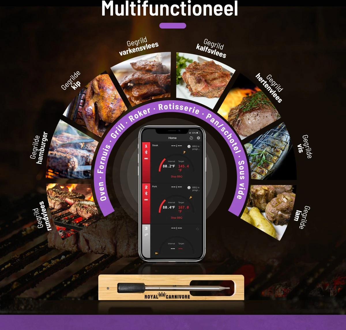 ROYAL CARNIVORE® | Draadloze BBQ Thermometer | Barbecue Vleesthermometer | Kernthermometer | Bluetooth Met App 3 ROYAL CARNIVORE® | Draadloze BBQ Thermometer | Barbecue Vleesthermometer | Kernthermometer | Bluetooth Met App - Afbeelding 3