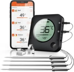Claire BF-5 BBQ Thermometer - Vleesthermometer - Oventhermometer - Draadloos Met App - Incl. Batterijen En 4 Meetsondes