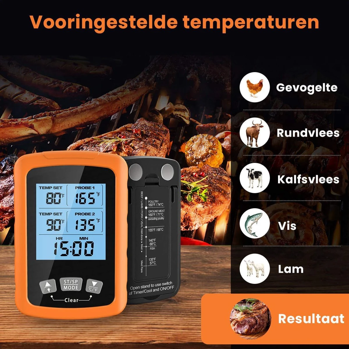 Vleesthermometer Dubbele Sonde - BBQ Thermometer Oranje Met Timer - Kernthermometer - Suikerthermometer - Kookthermometer 4 Vleesthermometer Dubbele Sonde - BBQ Thermometer Oranje Met Timer - Kernthermometer - Suikerthermometer - Kookthermometer - Afbeelding 4