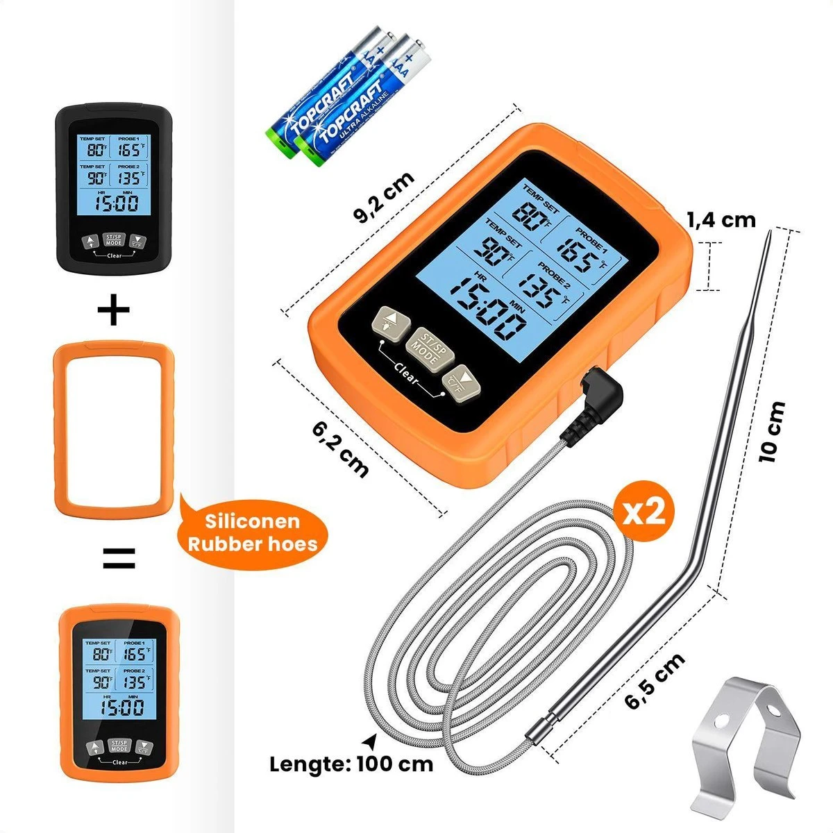 Vleesthermometer Dubbele Sonde - BBQ Thermometer Oranje Met Timer - Kernthermometer - Suikerthermometer - Kookthermometer 7 Vleesthermometer Dubbele Sonde - BBQ Thermometer Oranje Met Timer - Kernthermometer - Suikerthermometer - Kookthermometer - Afbeelding 7