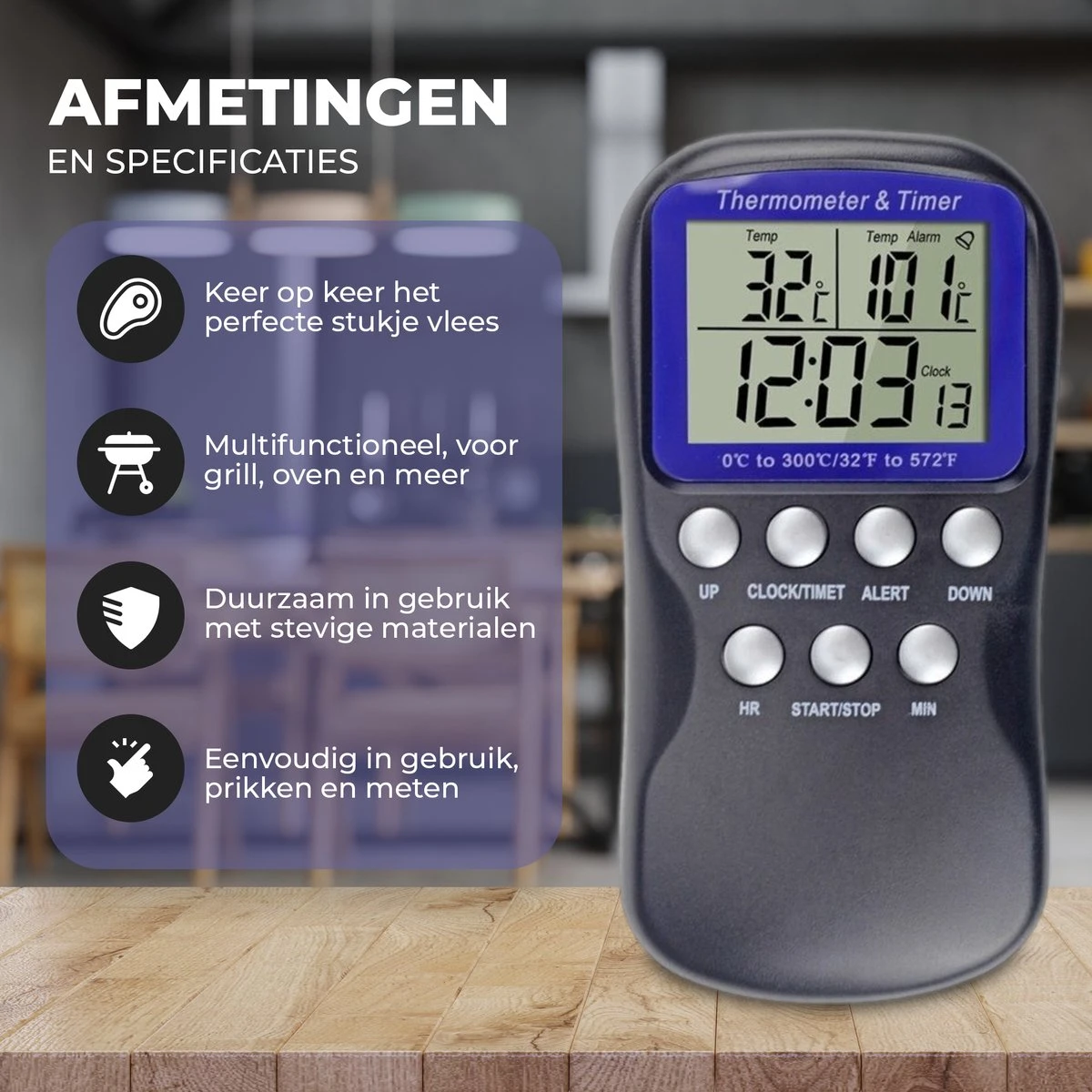 Seidon® Digitale Vleesthermometer Set – BBQ- En Oventhermometer – 0°C Tot 300°C – Kernthermometer Met 1 Sonde – Suikerthermometer - Kookthermometer 4 Seidon® Digitale Vleesthermometer Set – BBQ- En Oventhermometer – 0°C Tot 300°C – Kernthermometer Met 1 Sonde – Suikerthermometer - Kookthermometer - Afbeelding 4