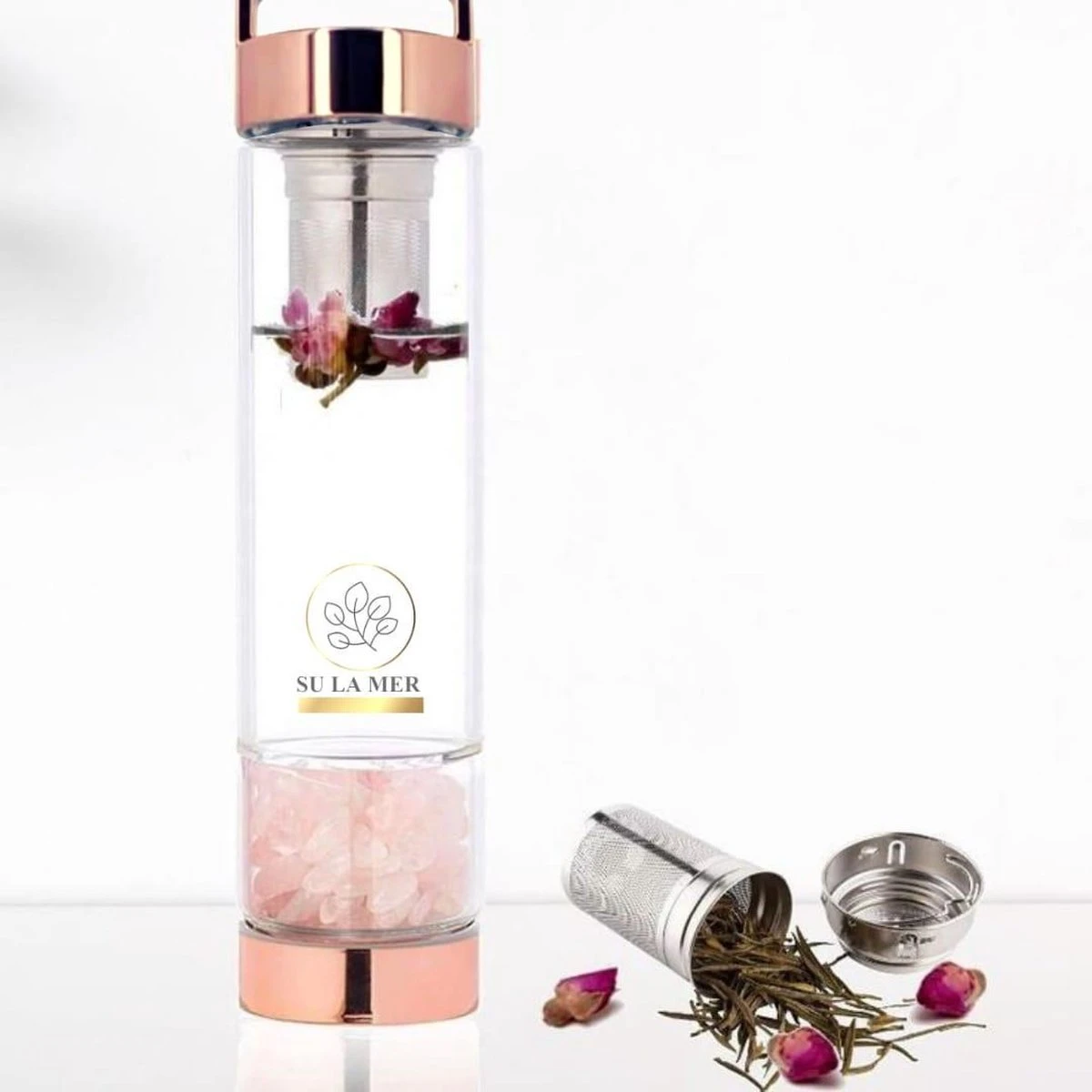 Duurzame Waterfles Met Kristal - Roségoud - Roestvrij Staal - Rozenkwarts Edelstenen - Verrijkt En Verzacht Water - Inclusief Thee/fruit Infuser - Edelstenen - 550 Ml - Waterfles - Drinkfles 4 Duurzame Waterfles Met Kristal - Roségoud - Roestvrij Staal - Rozenkwarts Edelstenen - Verrijkt En Verzacht Water - Inclusief Thee/fruit Infuser - Edelstenen - 550 Ml - Waterfles - Drinkfles - Afbeelding 4