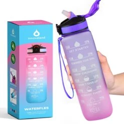 Innovaland Motivatie Waterfles Paars En Roze - 1 Liter Drinkfles - Waterfles Met Rietje - Waterfles Met Tijdmarkering - BPA Vrij - Volwassenen - Kinderen - Geschenk - Cadeau - Mannen - Vrouwen- Cadeau - Fitnes