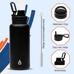 Waterfles 1 Liter Multifunctioneel Met Rietje - Drinkfles Volwassenen – Met 3 Doppen – RVS – 24uur Koud/12 Uur Warm - Zwart -Drinkwater Apparaat Winkel 1200x1200 1393