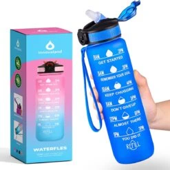 Innovaland Motivatie Waterfles Blauw - 1 Liter Drinkfles - Waterfles Met Rietje - Waterfles Met Tijdmarkering - BPA Vrij - Volwassenen - Kinderen - Vaderdag Cadeau - Geschenk - Cadeau Voor Man - Vrouw - Sinterklaas Cadeautjes - Mannen - Vrouwen