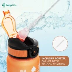 Supplife Motivatie Waterfles - 1 Liter Drinkfles - Waterfles Met Tijdmarkering - Met Rietje - Volwassenen - Kinderen - Cyaan Oranje - Inclusief Schoonmaakborstel -Drinkwater Apparaat Winkel 1200x1200 1490