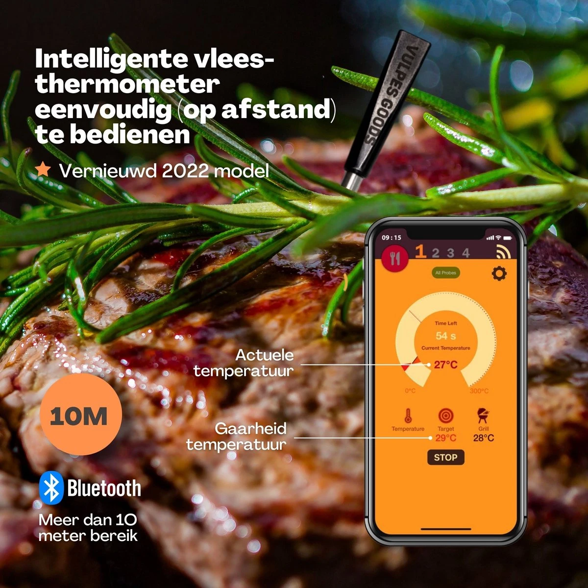 Vulpes Kitchen Vleesthermometer - BBQ - Oplaadbaar - Draadloos - Bluetooth 2 Vulpes Kitchen Vleesthermometer - BBQ - Oplaadbaar - Draadloos - Bluetooth - Afbeelding 2