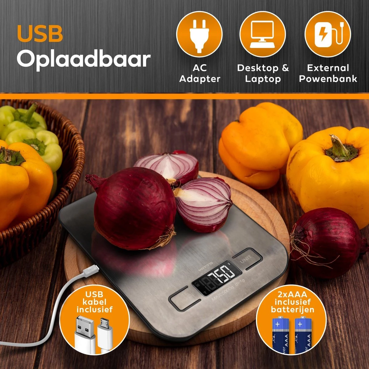 WITTS Oplaadbare Digitale Keukenweegschaal - Tarrafunctie - 1g Tot 5kg - RVS - Zwart 2 WITTS Oplaadbare Digitale Keukenweegschaal - Tarrafunctie - 1g Tot 5kg - RVS - Zwart - Afbeelding 2