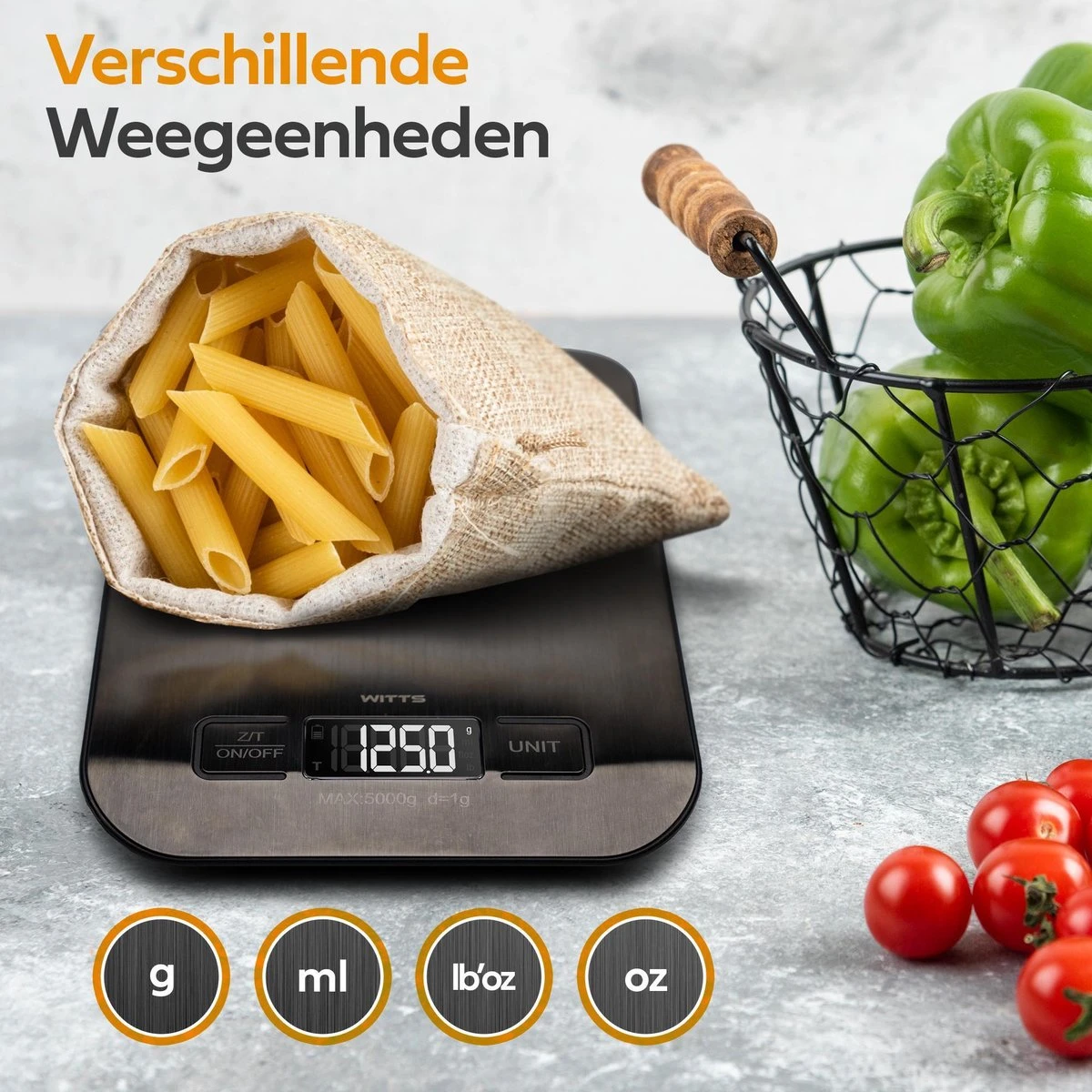 WITTS Oplaadbare Digitale Keukenweegschaal - Tarrafunctie - 1g Tot 5kg - RVS - Zwart 3 WITTS Oplaadbare Digitale Keukenweegschaal - Tarrafunctie - 1g Tot 5kg - RVS - Zwart - Afbeelding 3