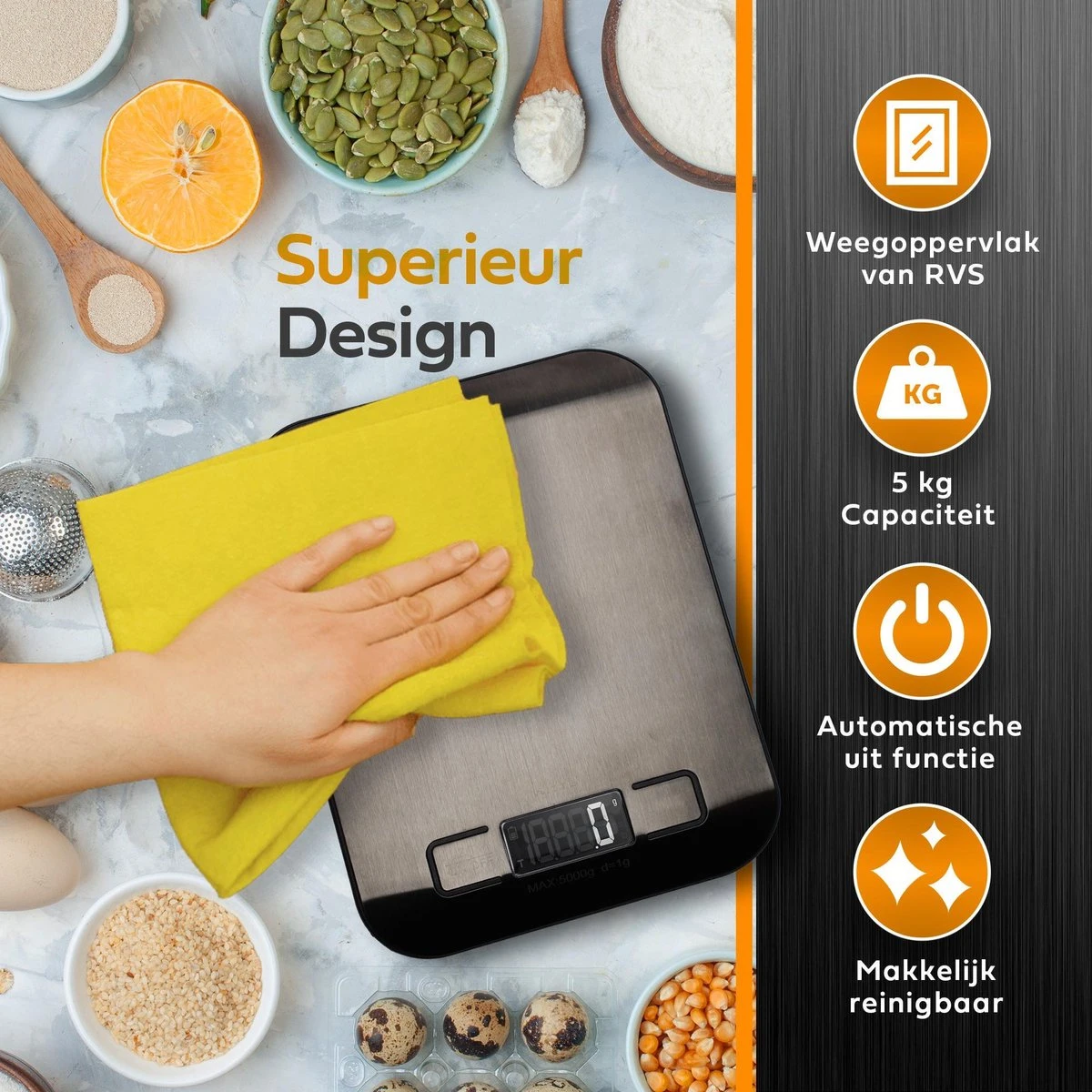 WITTS Oplaadbare Digitale Keukenweegschaal - Tarrafunctie - 1g Tot 5kg - RVS - Zwart 4 WITTS Oplaadbare Digitale Keukenweegschaal - Tarrafunctie - 1g Tot 5kg - RVS - Zwart - Afbeelding 4