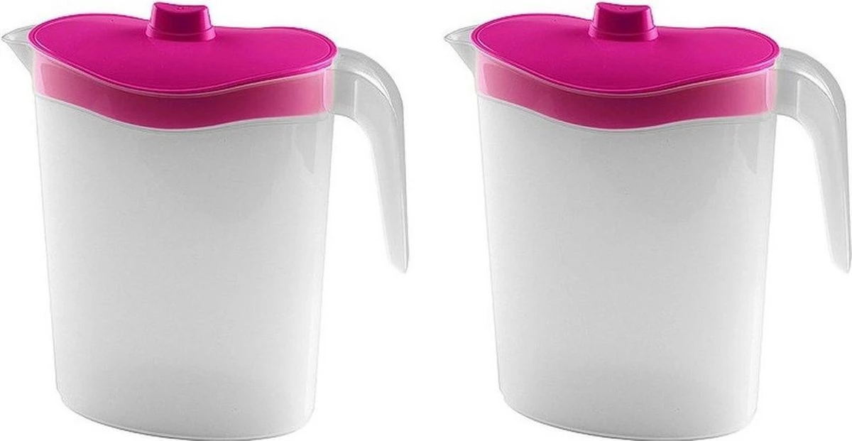 2x Waterkannen/sapkannen Met Roze Deksel 2,5 Liter 11 X 23 X 26 Cm Kunststof - Sapkannen/waterkannen/schenkkannen/limonadekannen 1 2x Waterkannen/sapkannen Met Roze Deksel 2,5 Liter 11 X 23 X 26 Cm Kunststof - Sapkannen/waterkannen/schenkkannen/limonadekannen