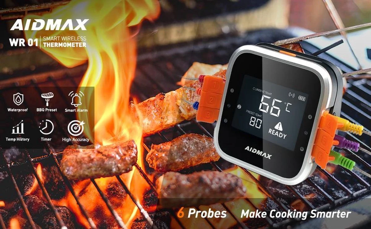 AidMax Vleesthermometer Met Optie Tot 6 Sondes – Bluetooth Met App – Digitale Kernthermomter – Thermometer Geschikt Voor BBQ, Oven & Grill – Incl. Batterijen - Geleverd Met 2 Sondes 11 AidMax Vleesthermometer Met Optie Tot 6 Sondes – Bluetooth Met App – Digitale Kernthermomter – Thermometer Geschikt Voor BBQ, Oven & Grill – Incl. Batterijen - Geleverd Met 2 Sondes - Afbeelding 11
