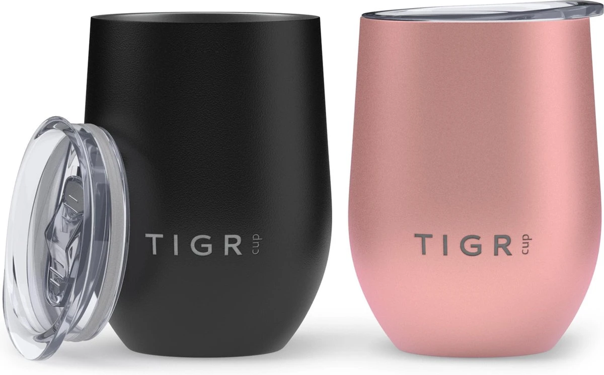 TIGR Cups - Drinkbekers - Thermosbekers - RVS - Set Van 2 - 350ml - Zwart/Rosé Goud 1 TIGR Cups - Drinkbekers - Thermosbekers - RVS - Set Van 2 - 350ml - Zwart/Rosé Goud