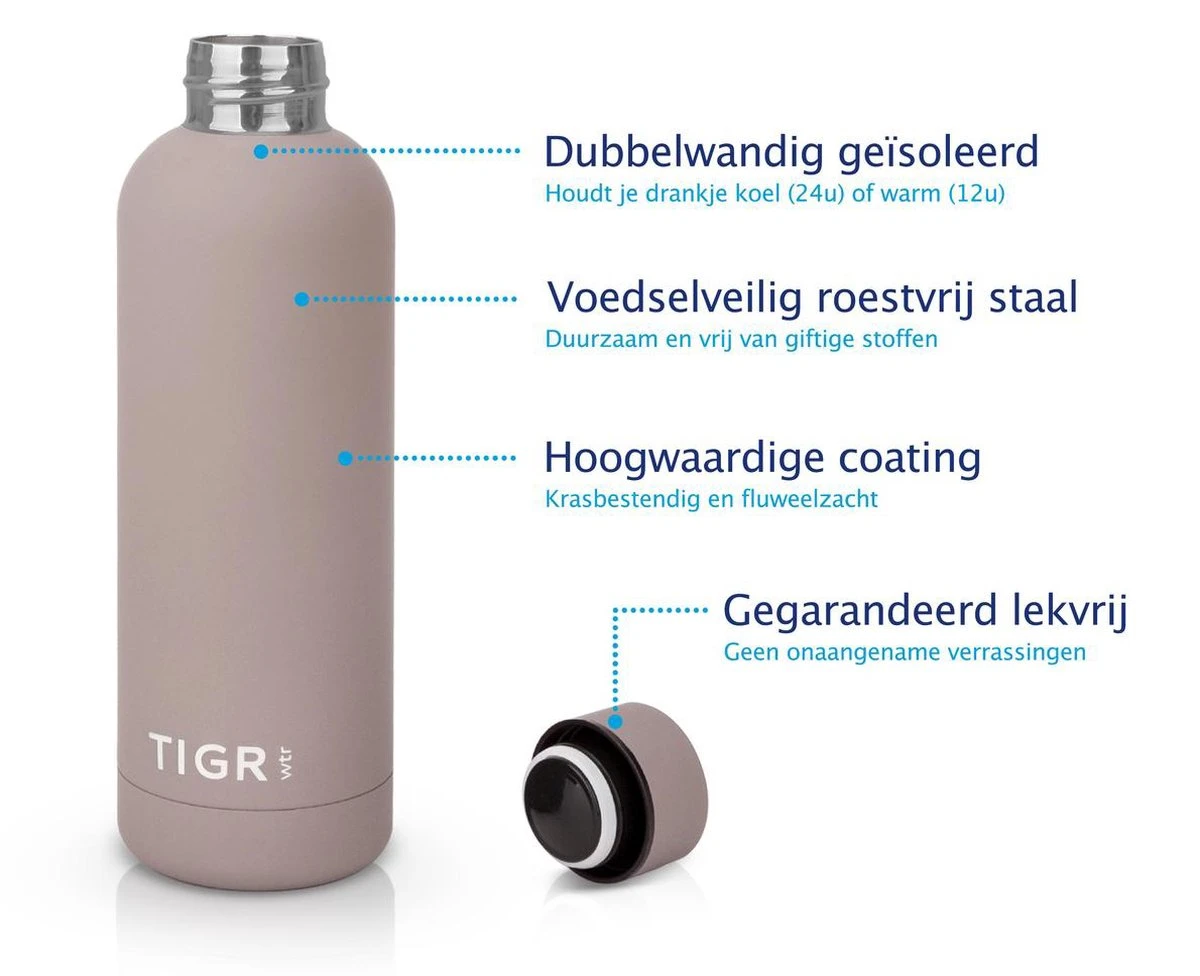 TIGR The Minimalist - Drinkfles - Thermosfles - RVS - 500ml - Taupe 2 TIGR The Minimalist - Drinkfles - Thermosfles - RVS - 500ml - Taupe - Afbeelding 2