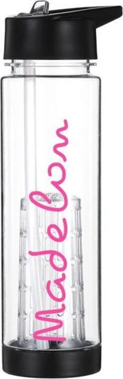 Merkloos Waterfles Zwart Met Naam - Fruit Filter - Waterfles Met Rietje - Drinkbeker Met Fruit Infuser - 700 Ml