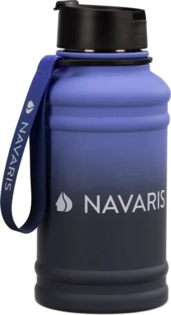 Navaris Fitness Drinkfles 1,3 Liter - Lichte Waterfles Van Roestvrij Staal Blauw - Grote Blauwe Waterfles RVS Voor Sport, Fitness, Yoga En Kamperen