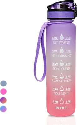 LaCardia Motivatie Waterfles Paars Oranje- 1 Liter Drinkfles - Waterfles Met Tijdmarkering - Paars Oranje