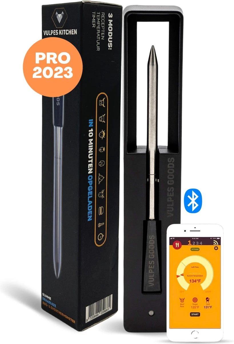 Vulpes Kitchen Vleesthermometer - BBQ - Oplaadbaar - Draadloos - Bluetooth 1 Vulpes Kitchen Vleesthermometer - BBQ - Oplaadbaar - Draadloos - Bluetooth