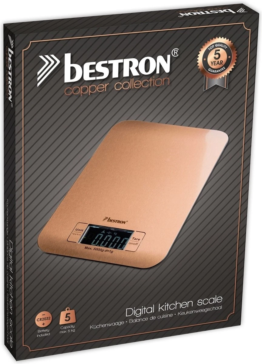 Bestron Digitaale Keukenweegschaal Met LCD-display, Voor Tot 5 Kg, Inclusief Batterijen, Kleur: Koper 3 Bestron Digitaale Keukenweegschaal Met LCD-display, Voor Tot 5 Kg, Inclusief Batterijen, Kleur: Koper - Afbeelding 3