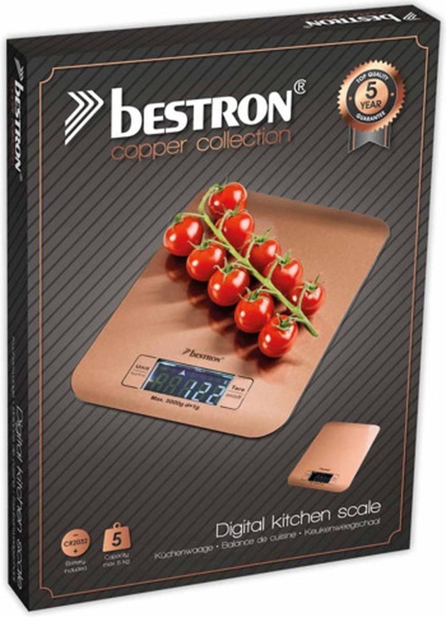 Bestron Digitaale Keukenweegschaal Met LCD-display, Voor Tot 5 Kg, Inclusief Batterijen, Kleur: Koper 2 Bestron Digitaale Keukenweegschaal Met LCD-display, Voor Tot 5 Kg, Inclusief Batterijen, Kleur: Koper - Afbeelding 2