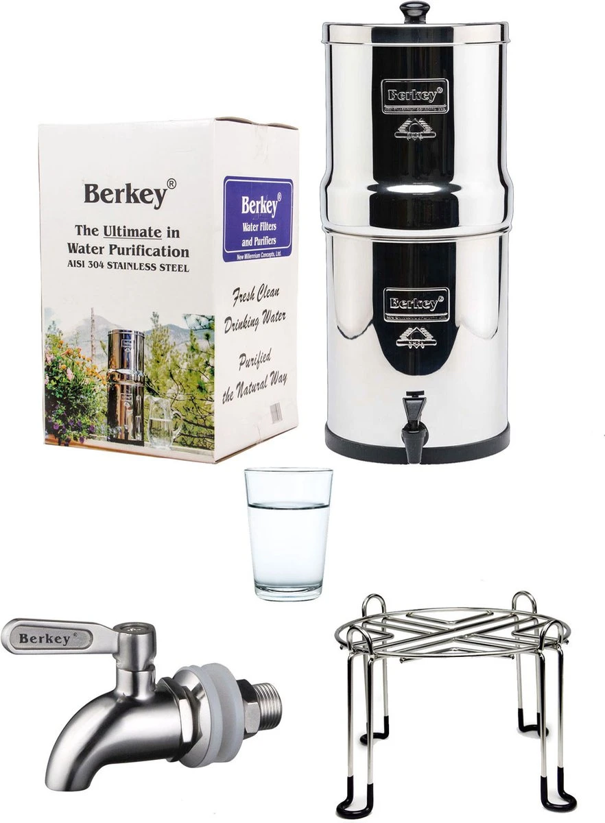 Big Berkey Set: Waterfilter 8,5L + RVS Kraantje + Standaard 1 Big Berkey Set: Waterfilter 8,5L + RVS Kraantje + Standaard