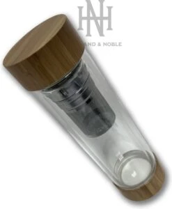 Holland & Noble - Thermo Theefles Met Zeef - 400 Ml Borosilicate Glas Dubbelwandig - Thee-infuser Met Bamboe Schroefdop Aan Beide Zijdes En Roestvrijstalen Zeef - Inclusief Neopreen Hoes
