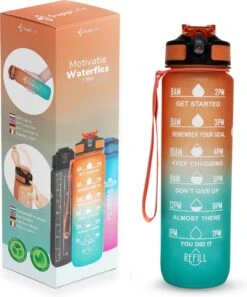 Supplife Motivatie Waterfles - 1 Liter Drinkfles - Waterfles Met Tijdmarkering - Met Rietje - Volwassenen - Kinderen - Cyaan Oranje - Inclusief Schoonmaakborstel